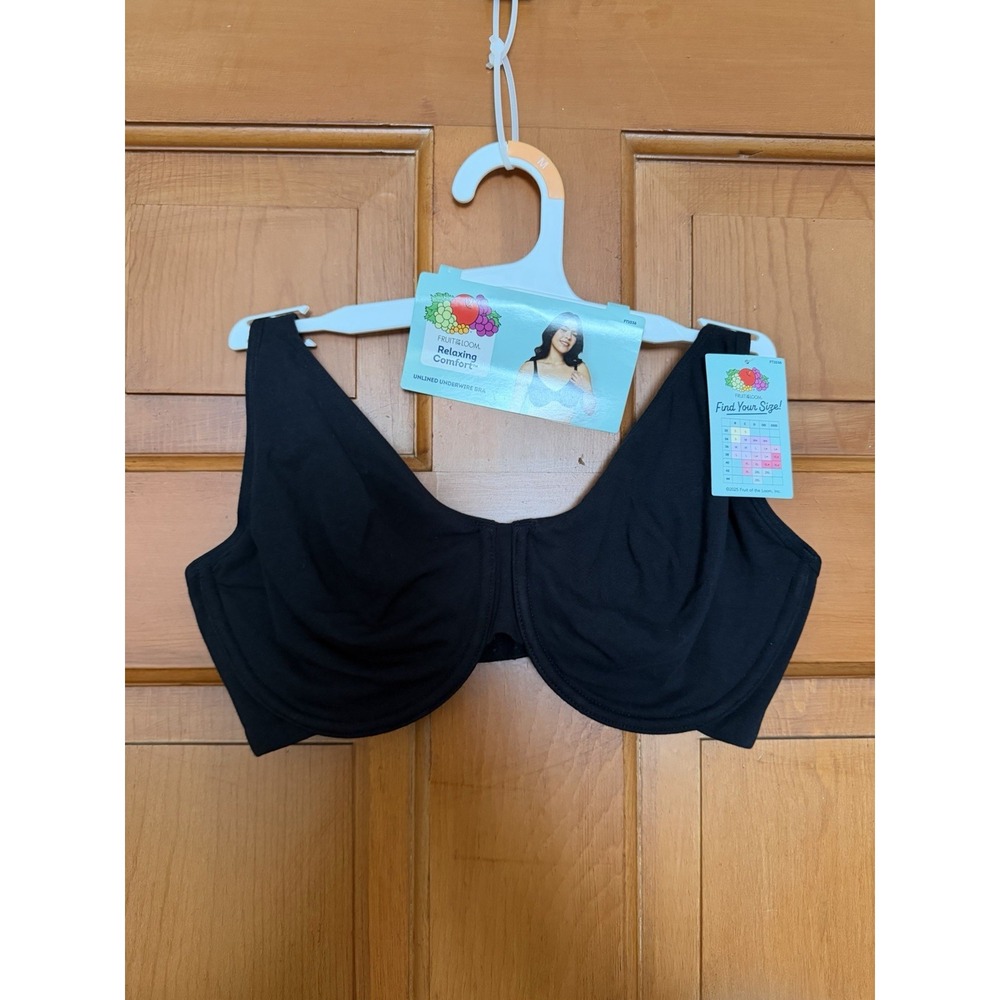 Women's Fruit Of The Loom Black Unlined Underwire Bra Size M+ Relaxing Comfort